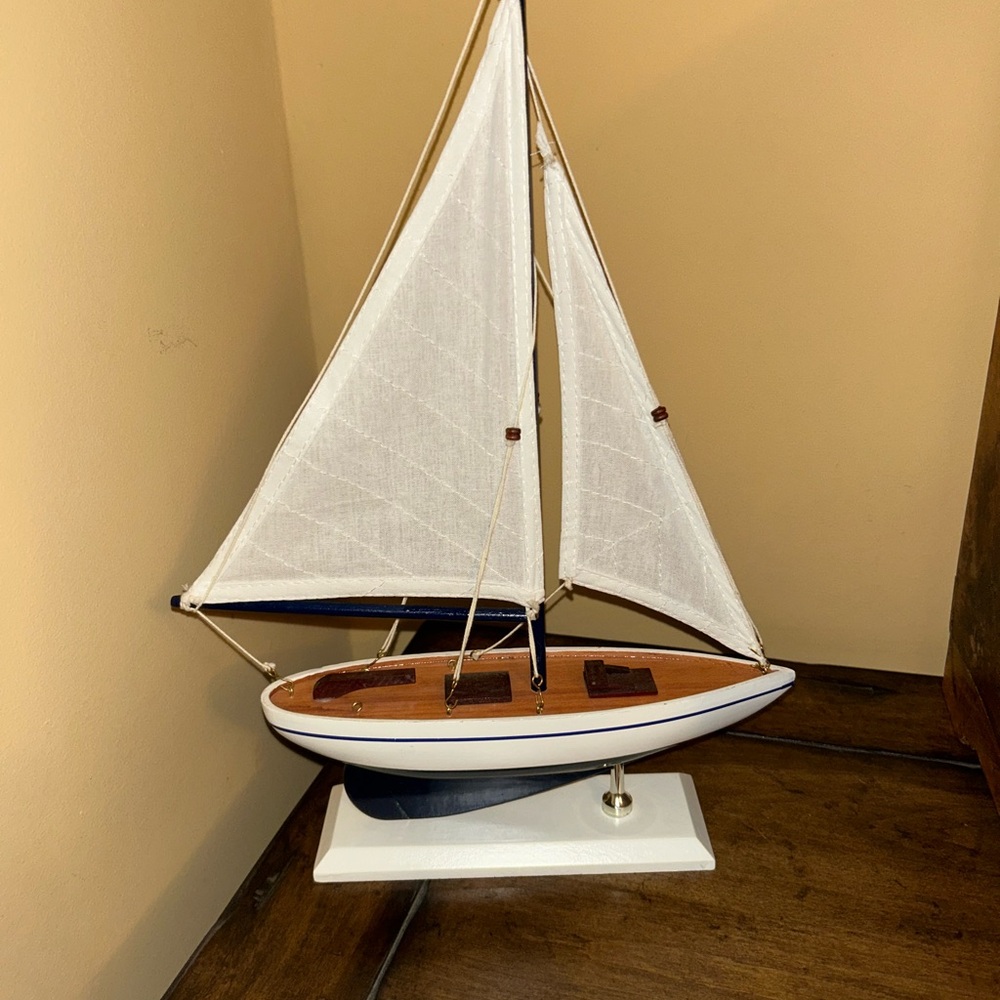 Nautical Wooden Sailboat Model Decor - White and Blue - Picture 4 of 7